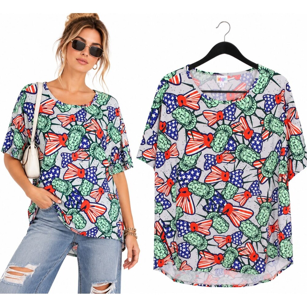 New LuLaRoe Irma XL Statue of Liberty Americana Patriotic Bow High Low Tunic Top